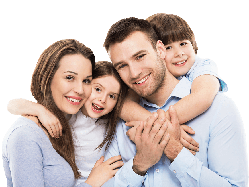 Smiling mother father and two children with optimal oral health after dental care