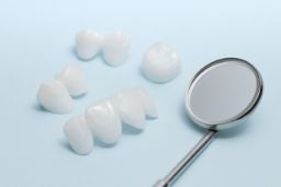 Dental crowns and a dental mirror